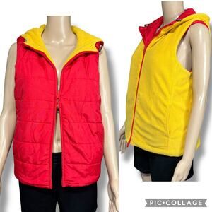 Vintage Jones New York Sport Womens Reversible Vest Fleece Hooded Red Yellow Med